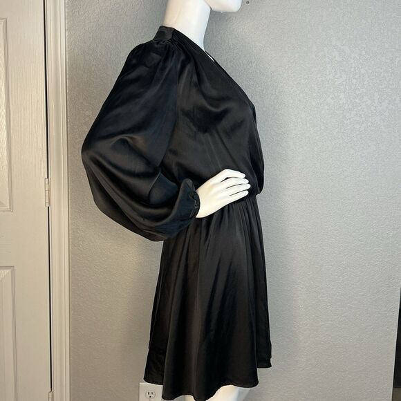 Taylor Tillman Size XS Black Berk Silk Faux Wrap Mini Dress Balloon Sleeve - Picture 5 of 9
